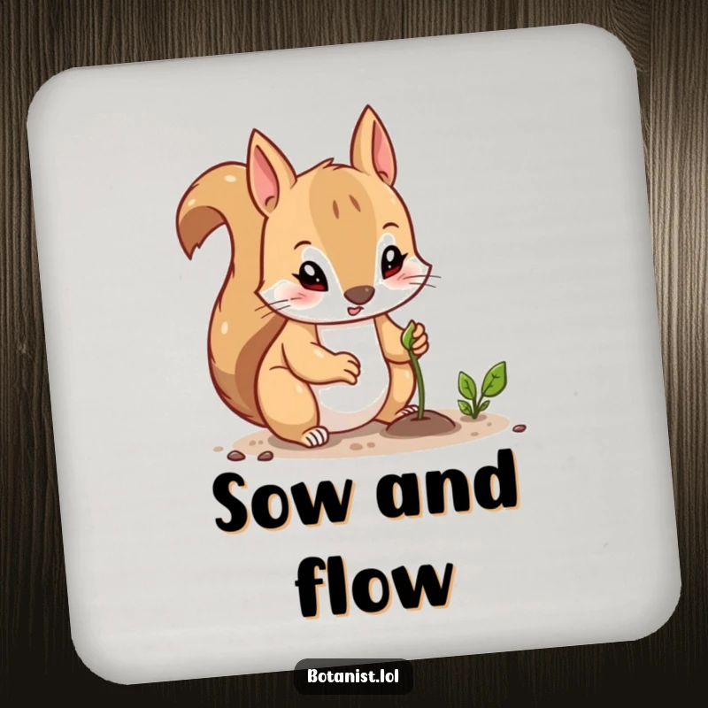 Funny drink coaster featuring a curious squirrel with a determined expression, planting a tiny seed, adding a touch of focus to any surface.