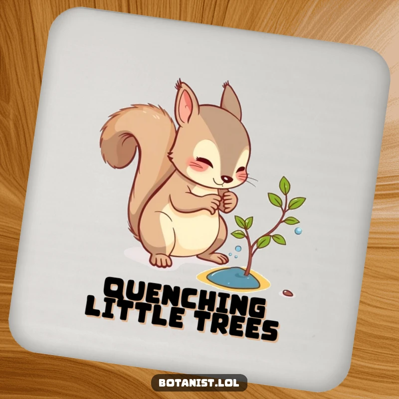 Funny drink coaster displaying a curious squirrel watering a tiny sapling, adding a touch of nature.