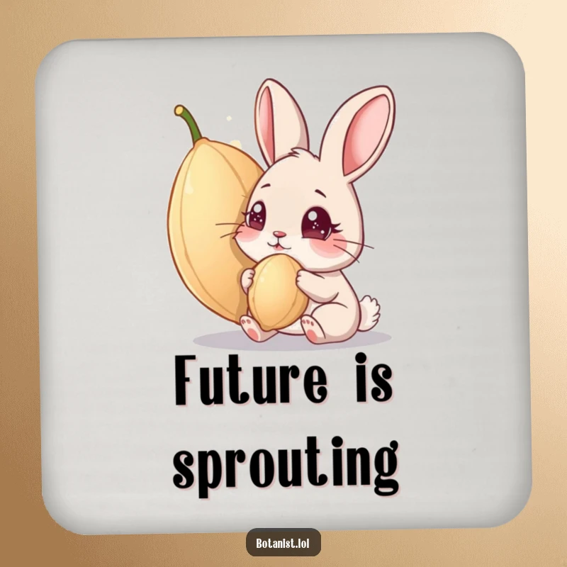 Funny drink coaster: A charming illustration of a curious rabbit studying a giant seed with sparkling eyes. Protects surfaces with humor.