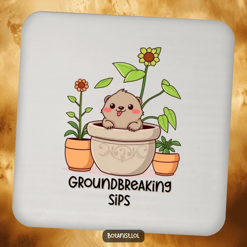 Funny cheerful mole drink coaster, emerging from a potted plant, a humorous and protective home accessory.
