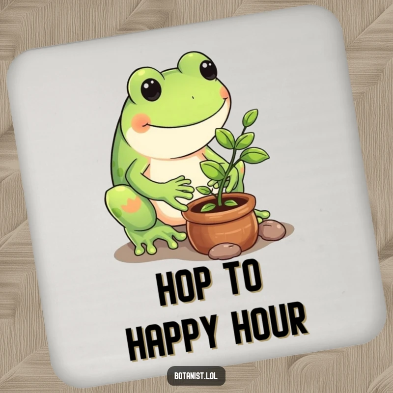 Funny drink coaster featuring a playful frog carefully tending to a tiny potted sapling.