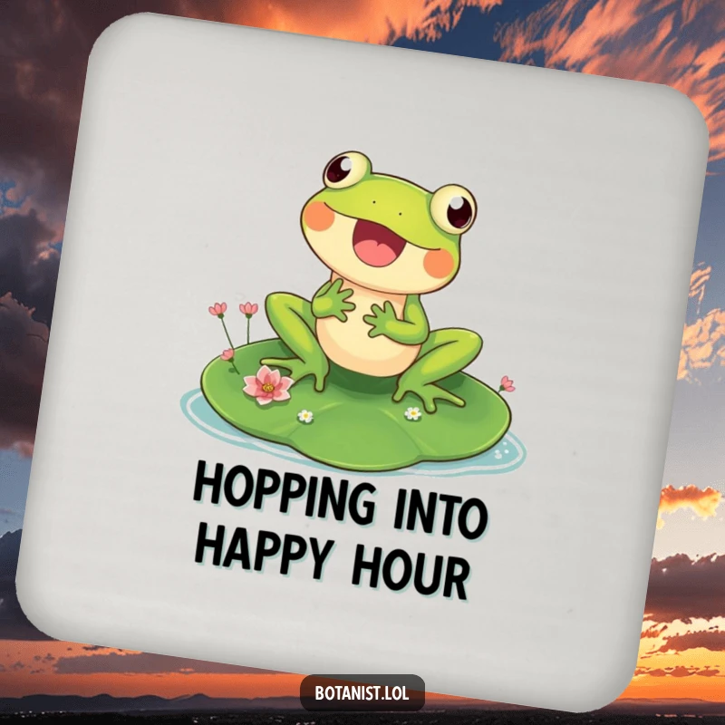 Funny drink coaster featuring a happy frog on a lily pad, inspecting flowers, adding a touch of pond humor and protection.