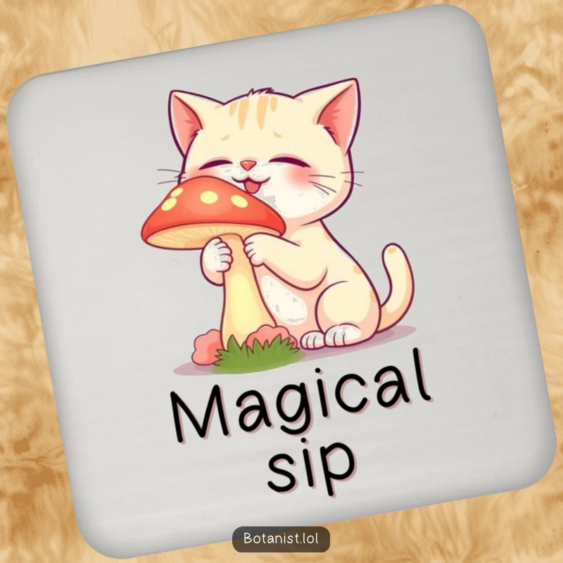 Funny drink coaster showing a giggling cat gently touching a vibrant, glowing mushroom with curiosity.
