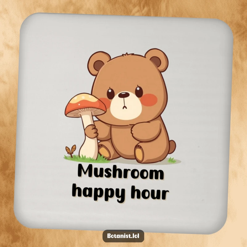 Funny drink coaster featuring a surprised bear with a curious expression, encountering a giant mushroom, offering protection with woodland humor.