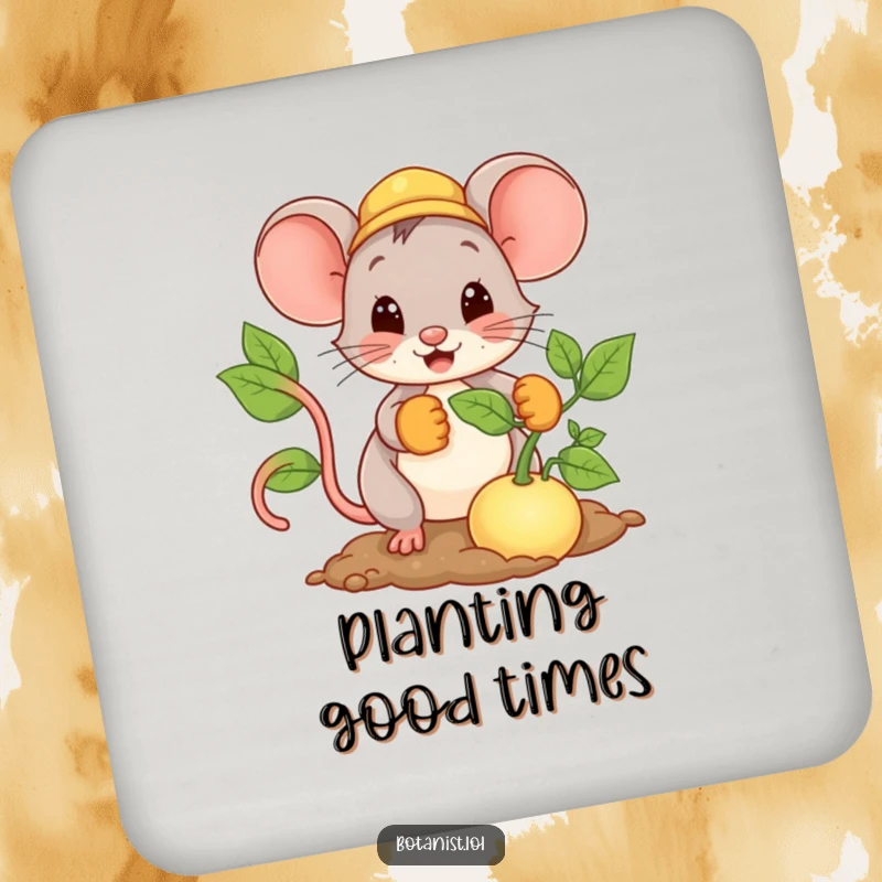 Funny Mouse Coaster with a design of a happy mouse in gardening gloves planting a giant seed, protecting surfaces with charm.