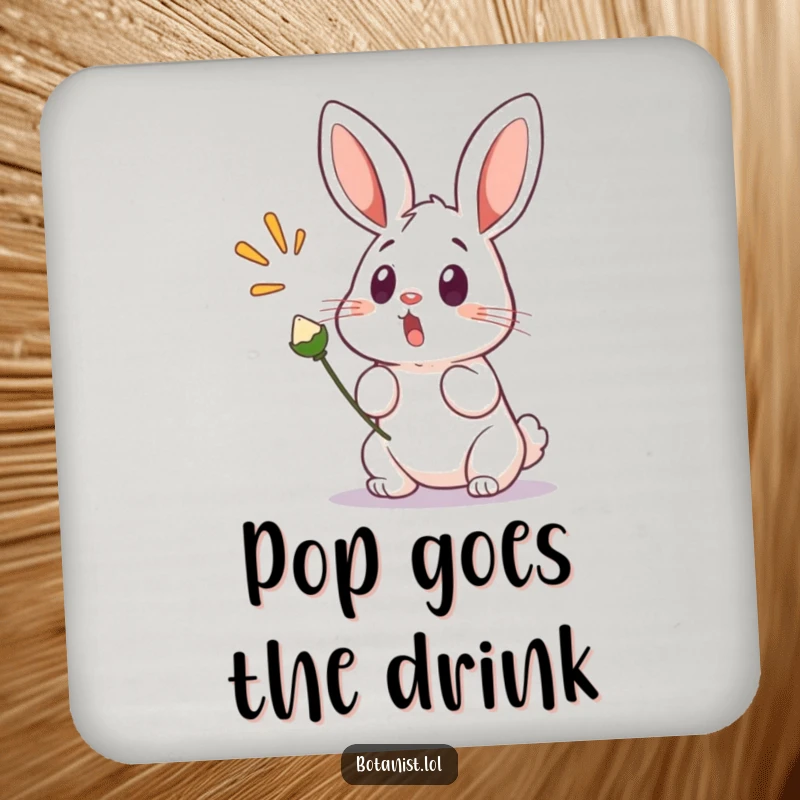 Funny drink coaster featuring a surprised bunny, startled by a popping seed pod, adding a touch of humor to any surface.