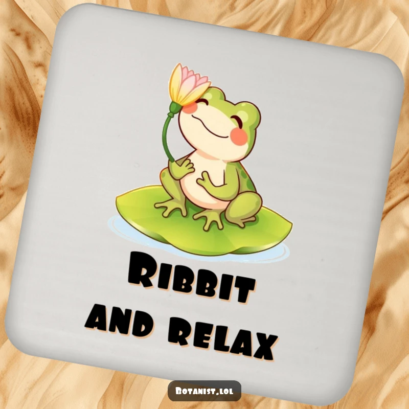 Funny drink coaster with a happy frog on a lily pad admiring a flower, adding a touch of nature.
