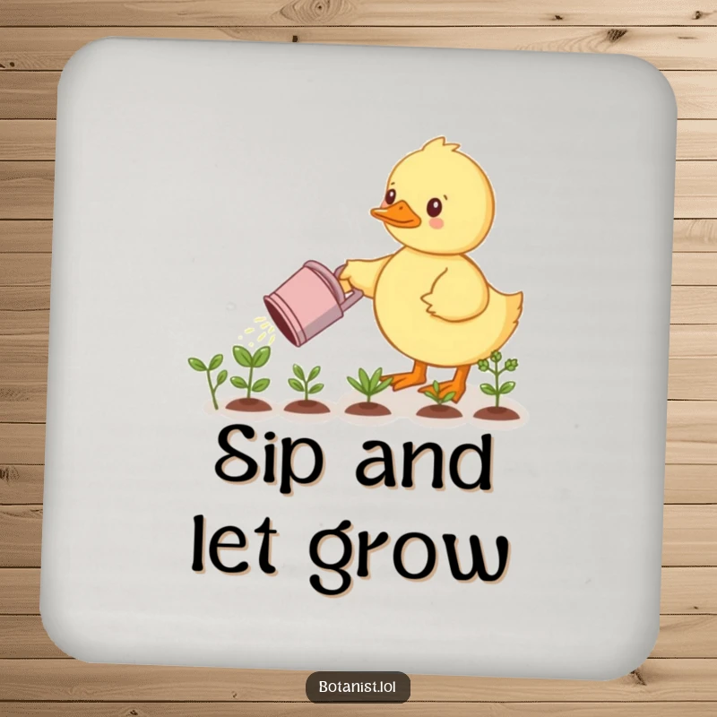 Funny drink coaster: A determined duckling waters miniature plants with a watering can. Protects surfaces with botanical humor.