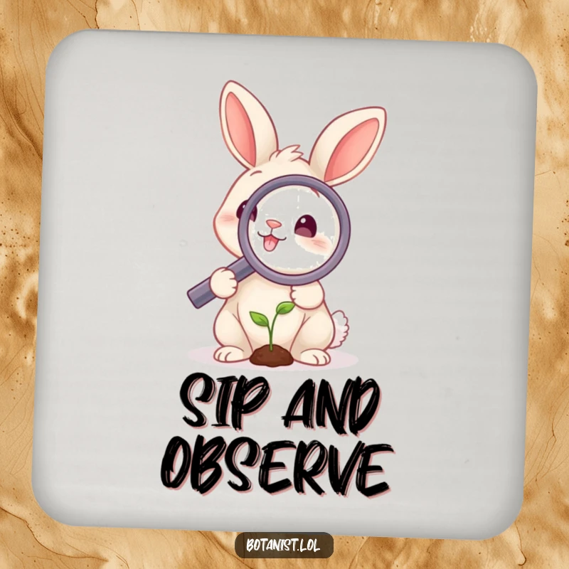 Funny rabbit coaster showing a smiling rabbit examining a tiny sprout with a magnifying glass, a practical and humorous addition to any table.