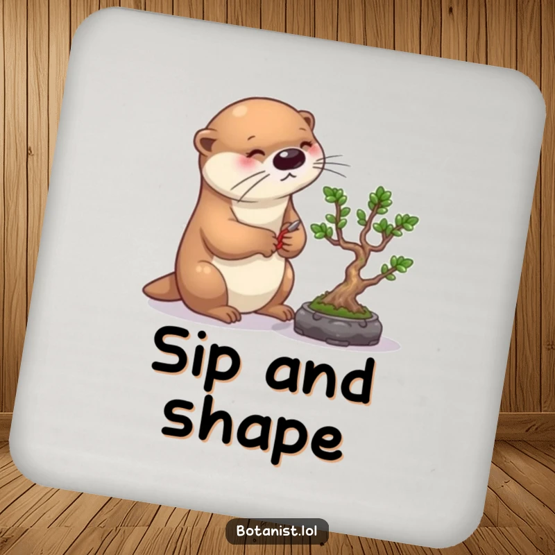 Funny otter bonsai drink coaster, showing a diligent otter carefully pruning a bonsai tree, adding precise humor to drinks.