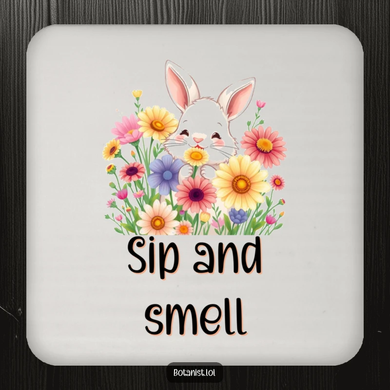 Funny drink coaster showing a fluffy bunny joyfully sniffing a bouquet of oversized, colorful wildflowers.