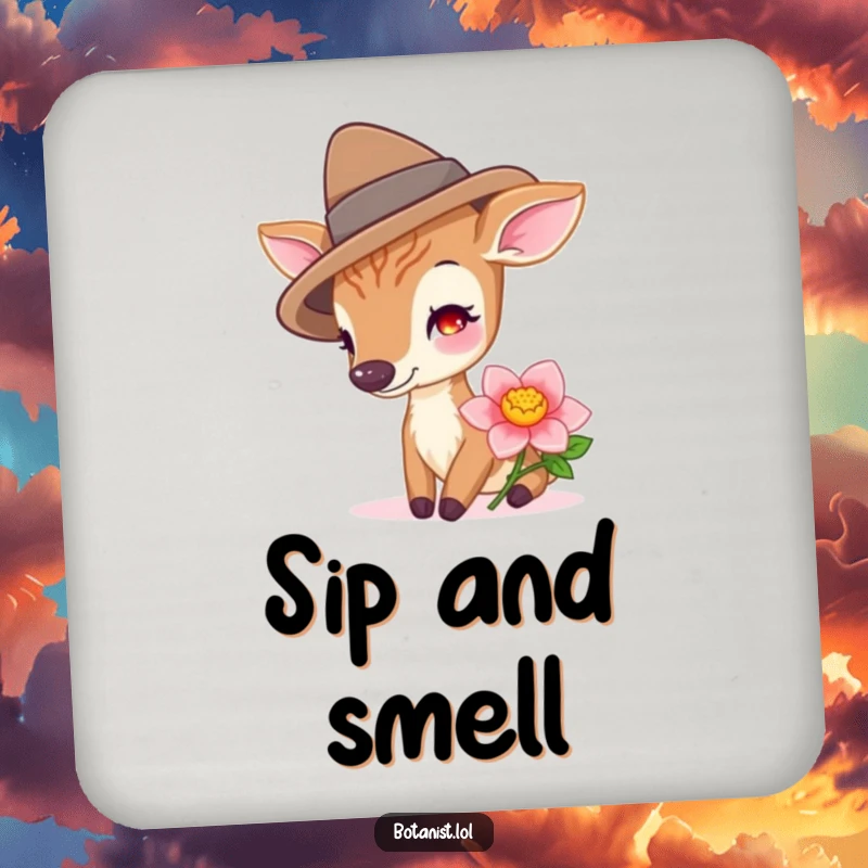 Funny deer wearing a hat, sniffing a vibrant flower, featured on these protective and whimsical coasters.