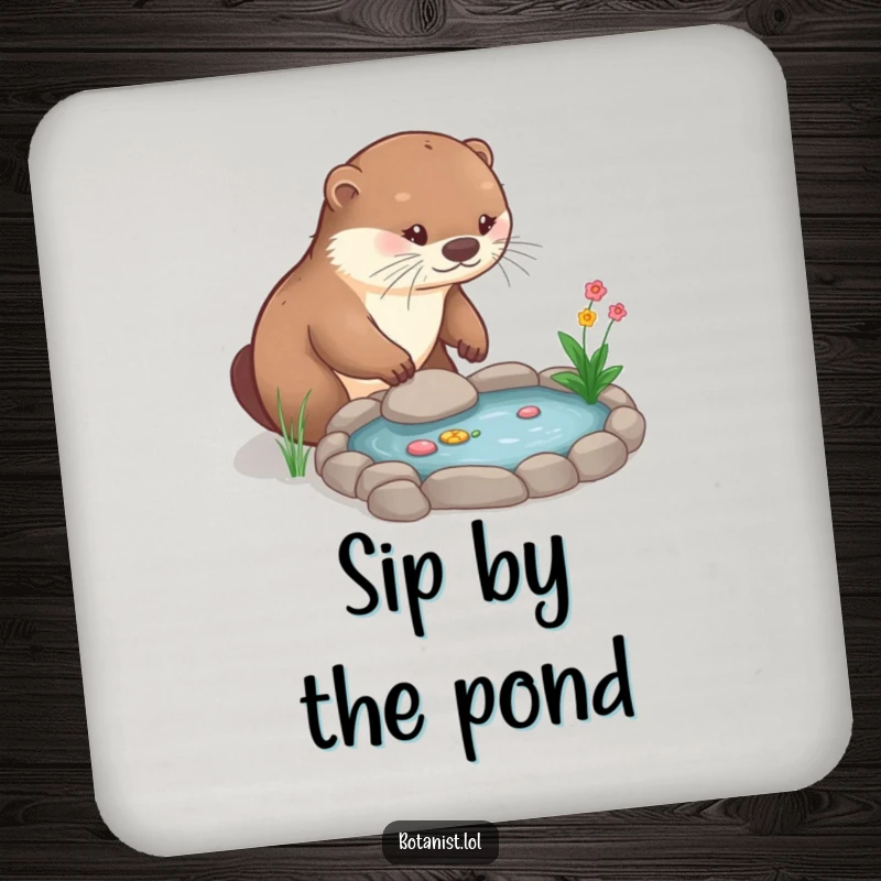 Funny Drink Coaster: A charming otter tends to a miniature garden pond, adding a touch of playful protection to surfaces.