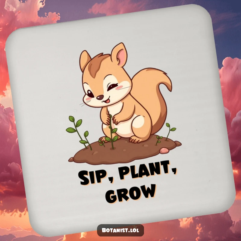 Funny squirrel planting drink coaster, depicting a cheerful squirrel sowing seeds, adding a humorous touch to any beverage setting.