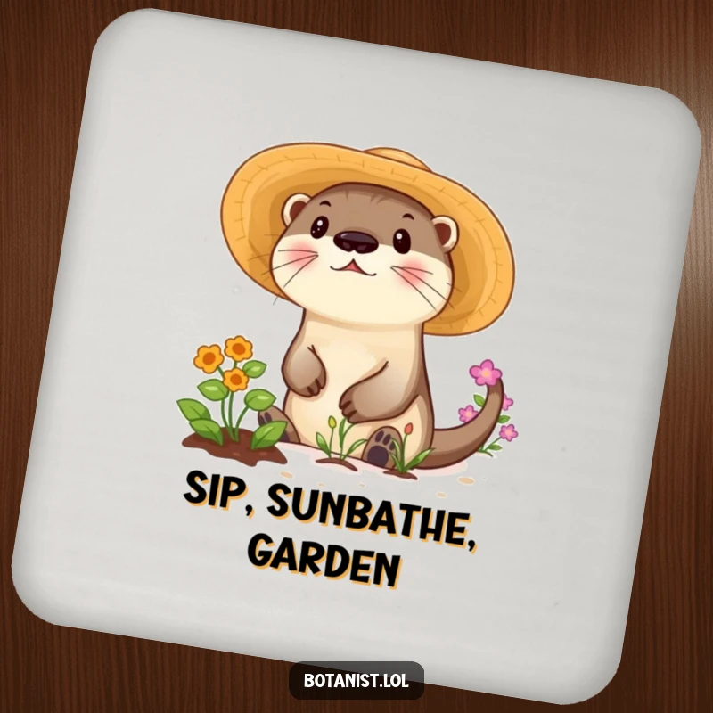 Funny drink coaster with a playful otter in a sunhat tending a garden, adding a touch of nature.