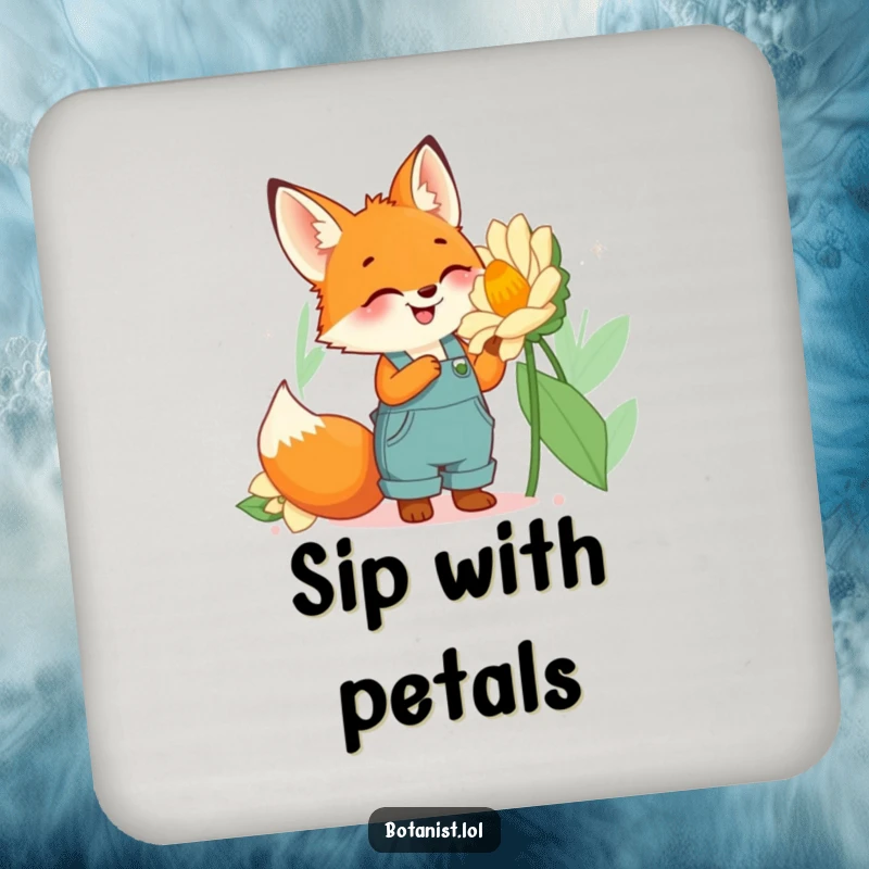 Funny fox gardener coasters featuring a cute fox in overalls looking at a giant flower, protecting furniture with charm.