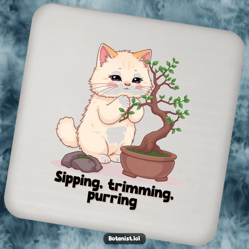 Funny drink coaster with a fluffy cat delicately pruning a bonsai tree, adding a touch of zen.