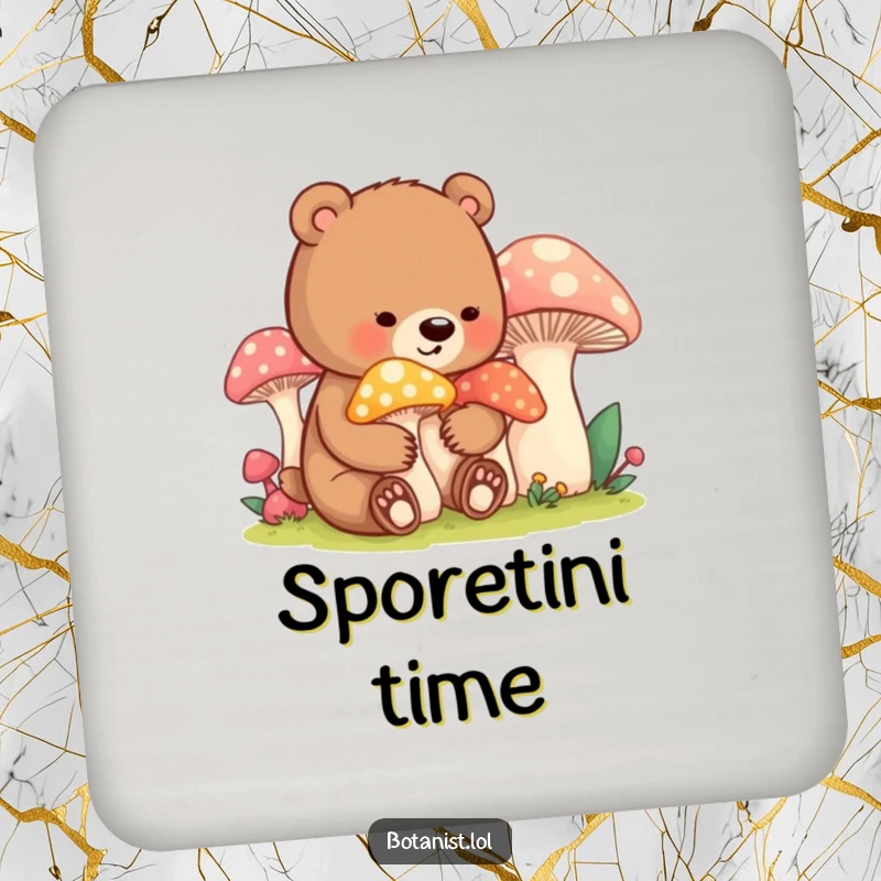 Funny bear cub mushroom drink coaster, showing a content cub tending vibrant mushrooms, adding whimsical charm to drinks.