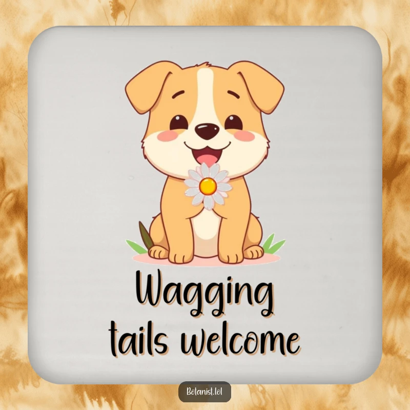 Funny Dog Drink Coaster: A cheerful dog presents a daisy, protecting your surfaces with a wag of adorable, humorous charm.