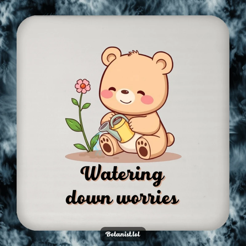 Funny drink coasters showing a happy bear watering a plant, protecting tables with care, a funny gift set.
