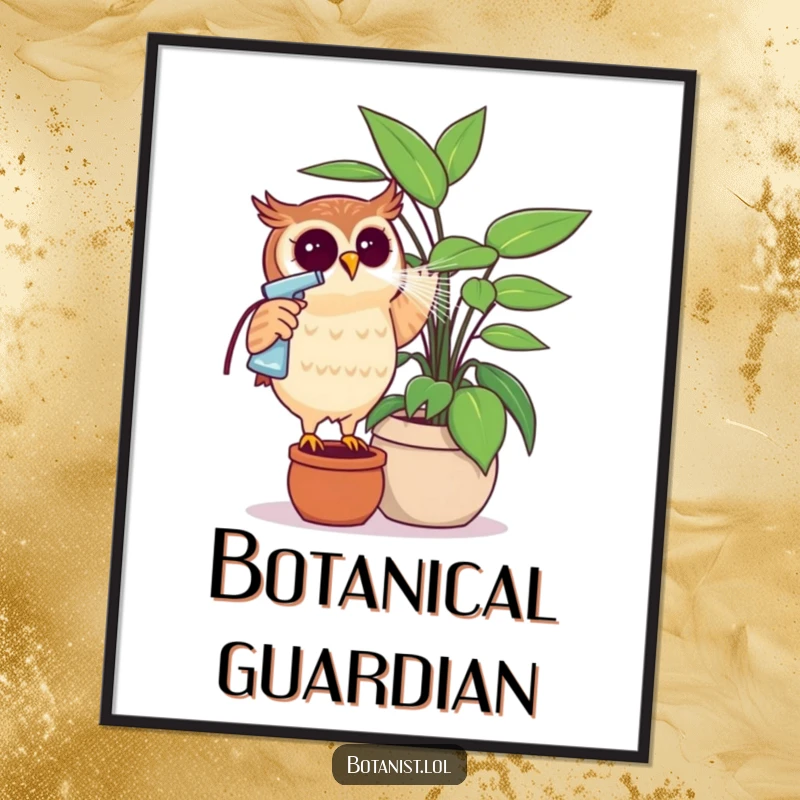Funny curious owl misting a giant plant with a spray bottle, artistic and humorous wall decor. Perfect gift.