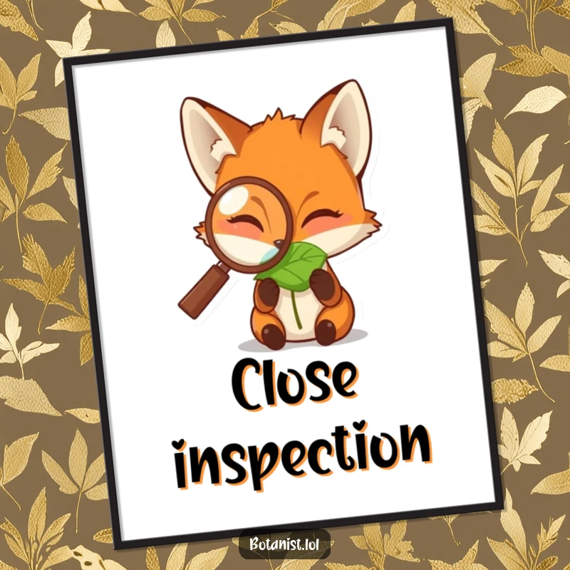 Funny poster of a fox peering through a magnifying glass at a dewdropped leaf, highlighting curiosity, nature, and humorous observation.
