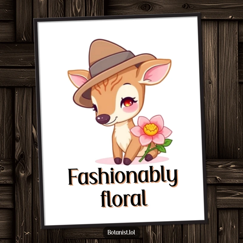 A happy deer in a hat, smelling a vibrant flower, creating a whimsical and humorous piece of wall art.