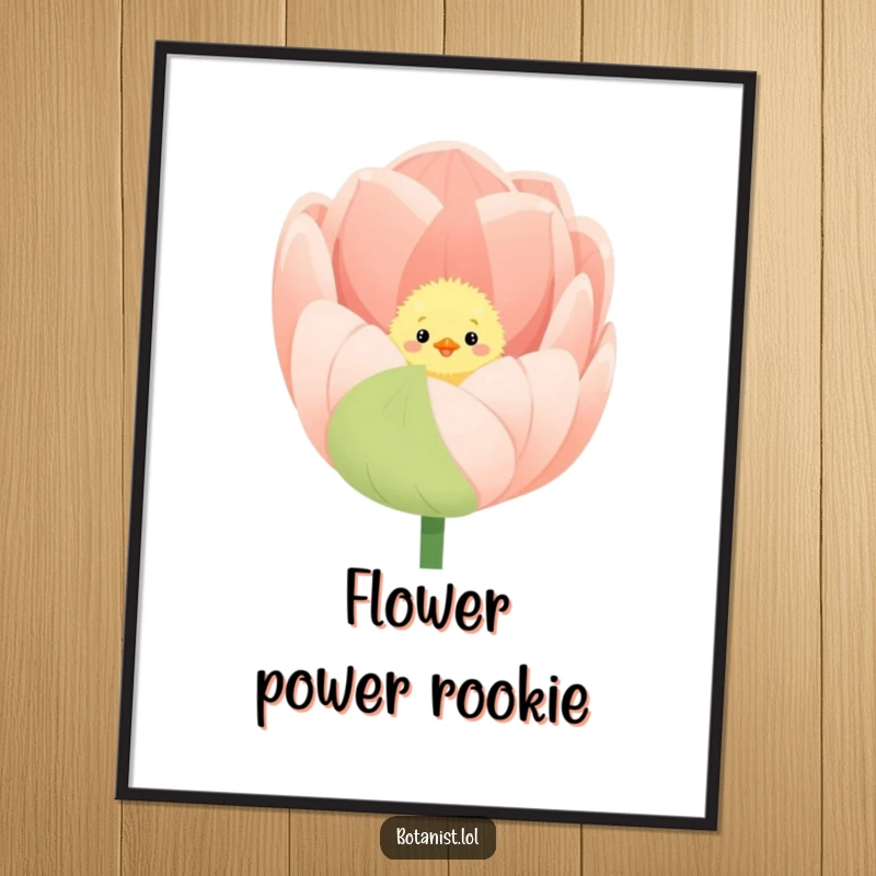 Funny poster featuring a fluffy chick peeking out from within a giant, blooming tulip.