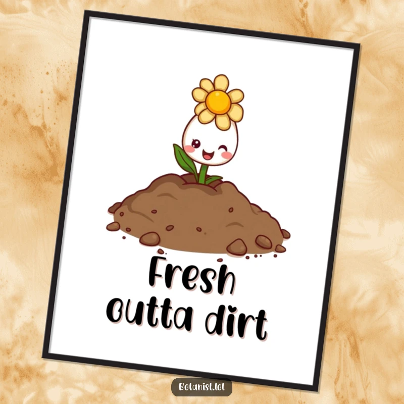 Funny poster art of a delighted flower bud emerging from the soil with a glowing, sunny disposition.