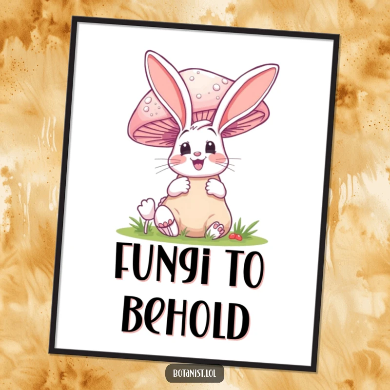 Funny poster of a happy bunny with a surprised gasp at an impressively large, whimsical mushroom.