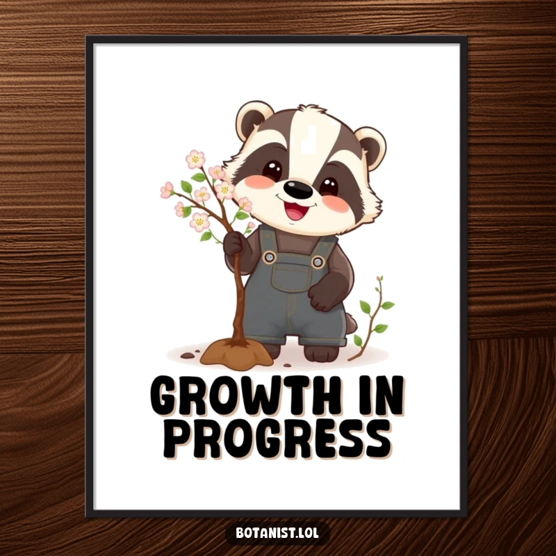 Funny Badger Pruning Tree Poster showing a happy badger in overalls, meticulously tending a small, blooming tree, a humorous and charming illustration.