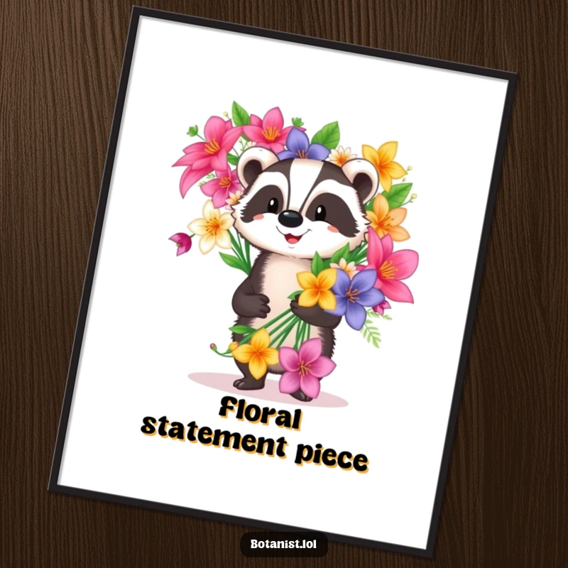 Funny happy badger poster proudly carrying a large bouquet of exotic flowers, creating humorous wall art.
