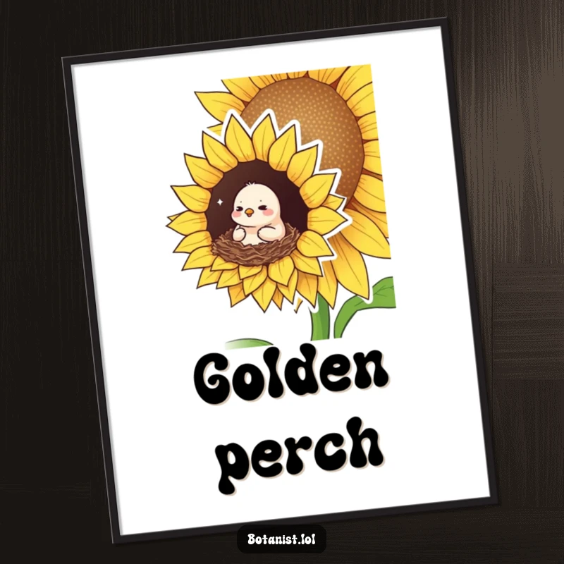 Funny poster of a small bird looking pleased and cozy, nesting in a giant sunflower, symbolizing comfort, peace, and natural beauty.