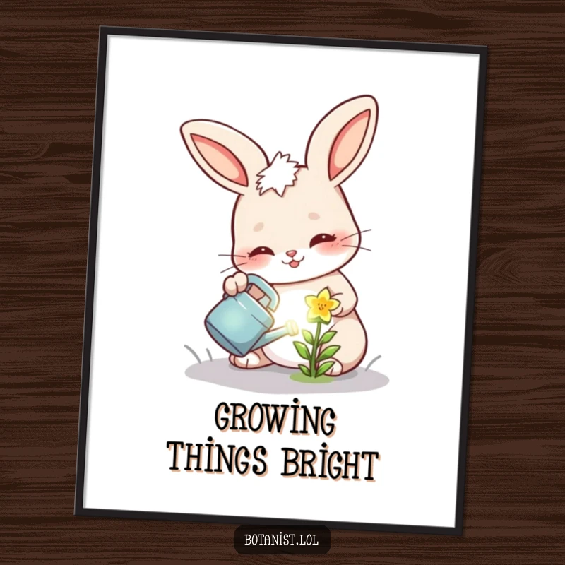 Funny poster art of a cheerful bunny with a determined look, watering a small, glowing flower, symbolizing growth.