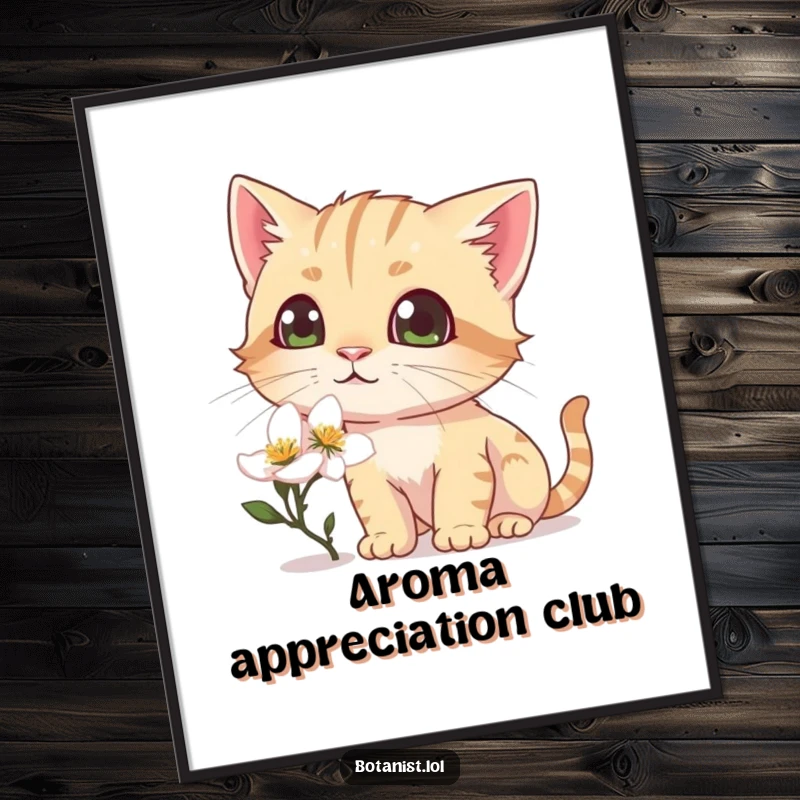 Funny poster featuring a curious cat sniffing a dewy blossom, its eyes wide with pure, delightful amazement.