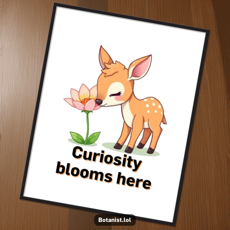 Funny Poster: A gentle deer curiously sniffs a unique, shimmering flower, a serene depiction of woodland interaction.