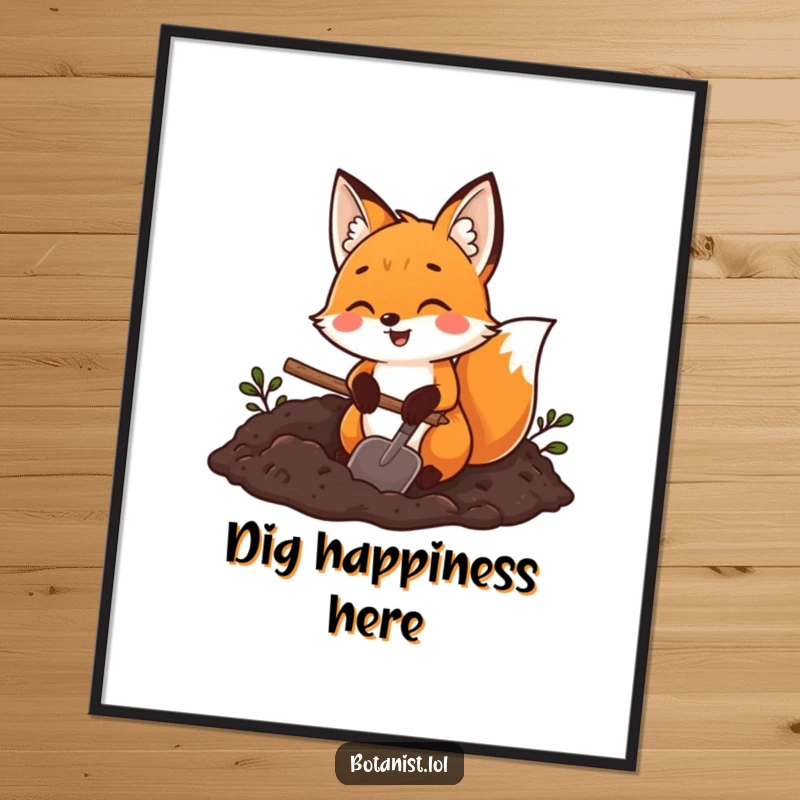 Funny fox gardener poster, a joyful fox holding a trowel and digging in rich dark soil, creating an earthy atmosphere.
