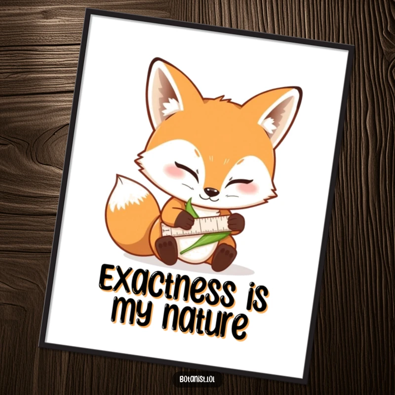Funny poster featuring a determined fox meticulously using a tiny ruler to measure a leaf with a focused expression.