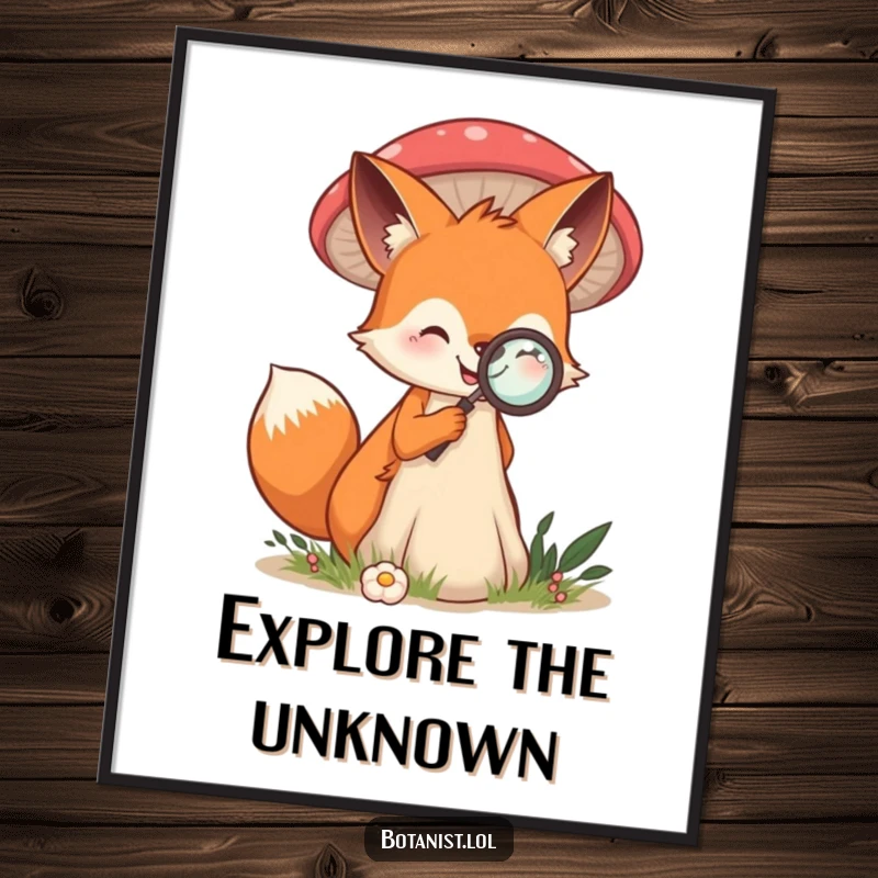 Funny poster art of a smiling fox intently studying a colossal mushroom with a magnifying glass, full of curiosity.