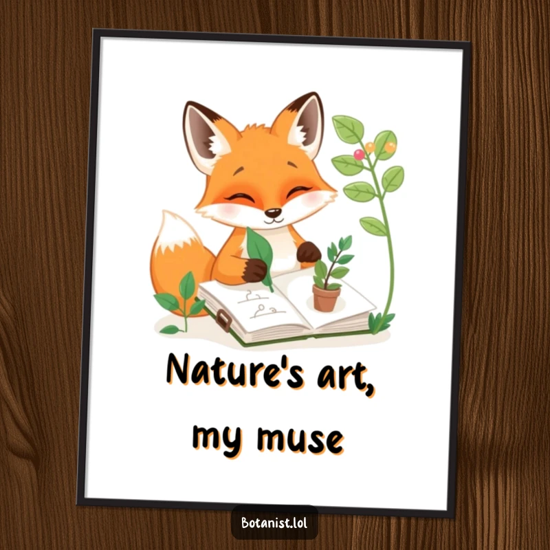 Funny poster showcasing a happy fox sketching plants in a sketchbook with a leaf, inspiring wall art, funny gift.