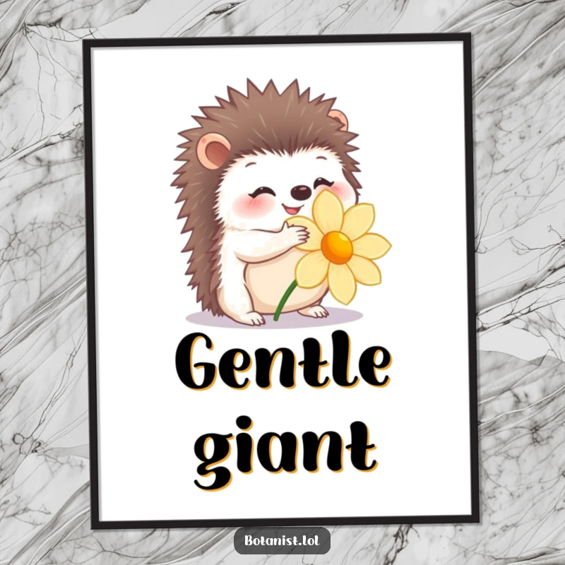 Funny poster of a happy hedgehog giving a flower a gentle hug, symbolizing love and kindness.