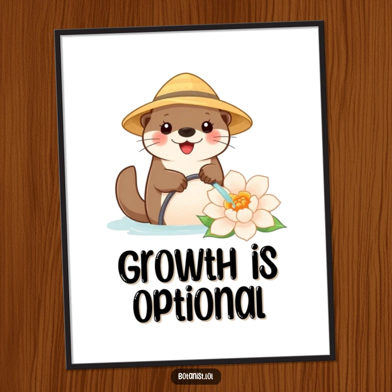 Funny poster of a happy otter wearing a straw hat, watering a colossal flower, creating a charming and eye-catching piece of art.