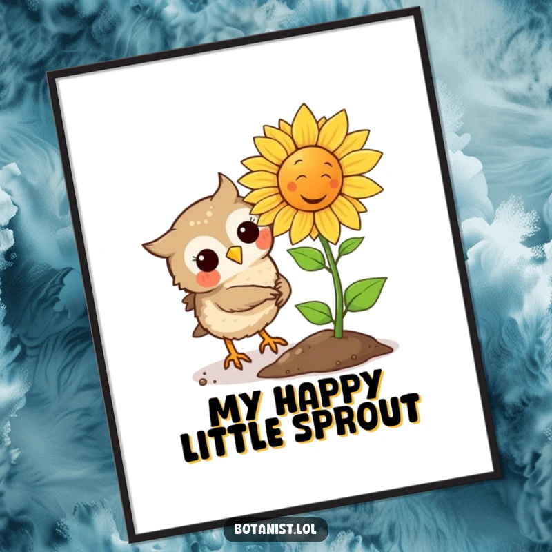 Funny Owl plants a seed that instantly sprouts a laughing sunflower, creating a vibrant and humorous wall art piece.
