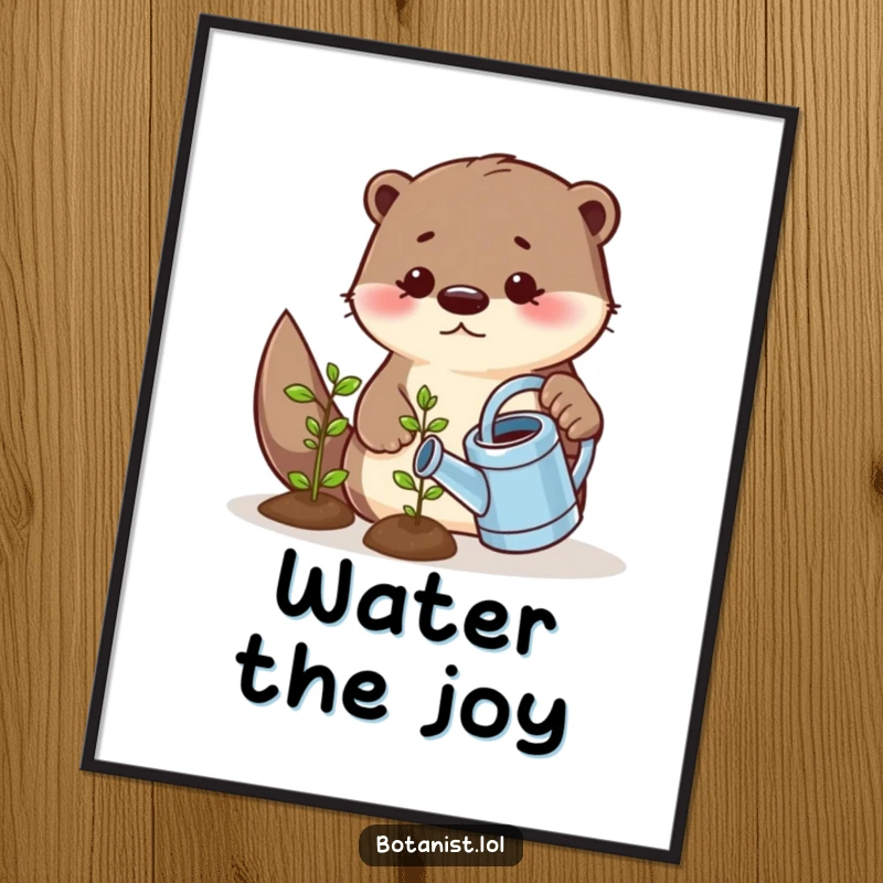 Funny poster art of a playful otter using a tiny watering can to water a small, smiling seedling, radiating gentle humor and growth.