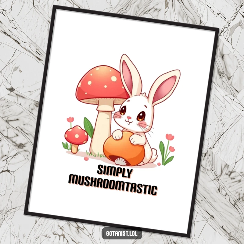 Funny poster showcasing a rabbit with wide eyes admiring a large, vibrant mushroom, enchanting wall art, funny gift.