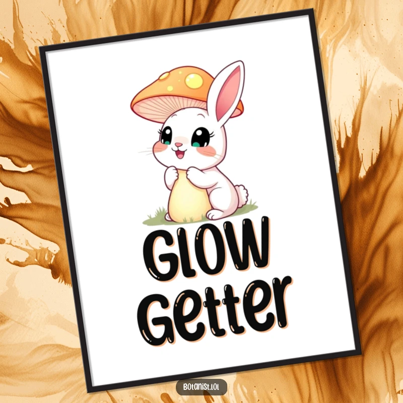 Funny rabbit with wide eyes, marveling at a giant, glowing mushroom, presented as mystical wall art.