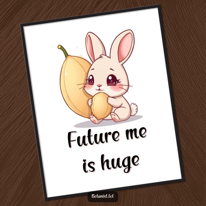 Funny poster: A captivating scene of a curious rabbit with bright, sparkling eyes examining an impressively large seed. A delightful funny gift.