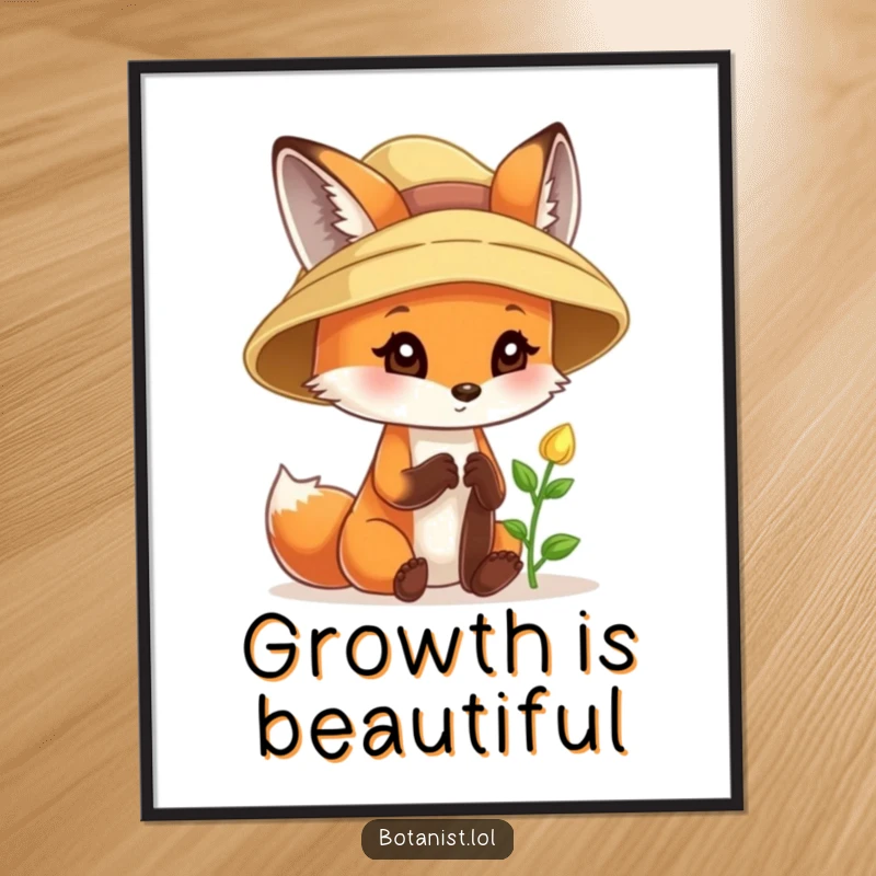 Funny fox poster, wearing a sunhat, curiously examining a tiny sprout with wide-eyed delight and fascination.