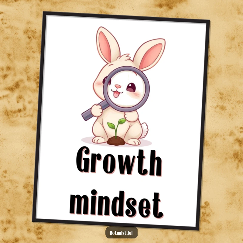 Funny rabbit poster featuring a smiling rabbit holding a large magnifying glass over a minuscule sprout, a whimsical and humorous decor piece.
