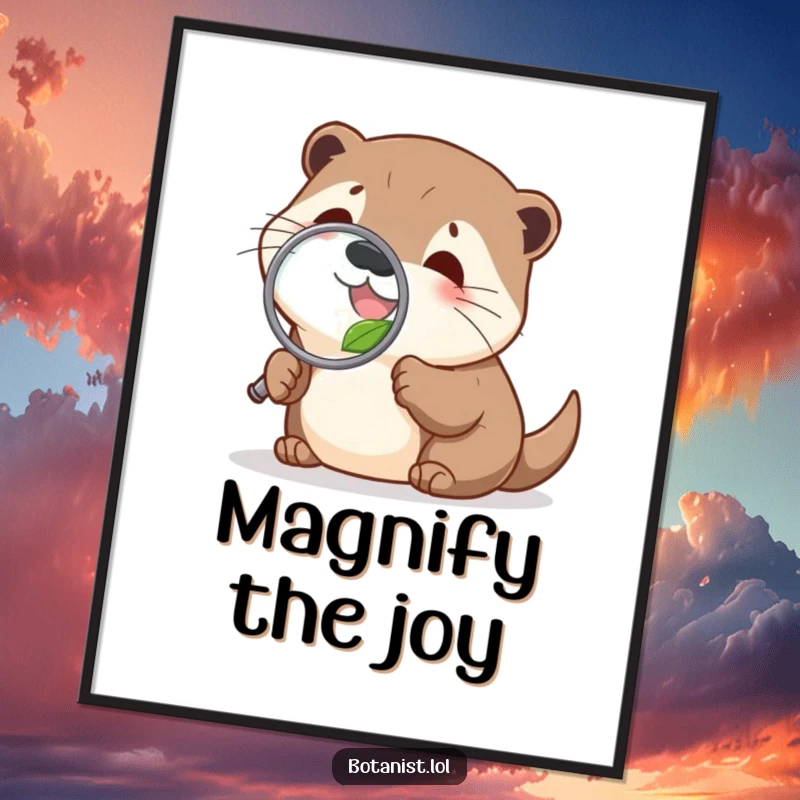 Funny delighted otter poster, peering through a magnifying glass at a tiny leaf, creating humorous nature wall art.